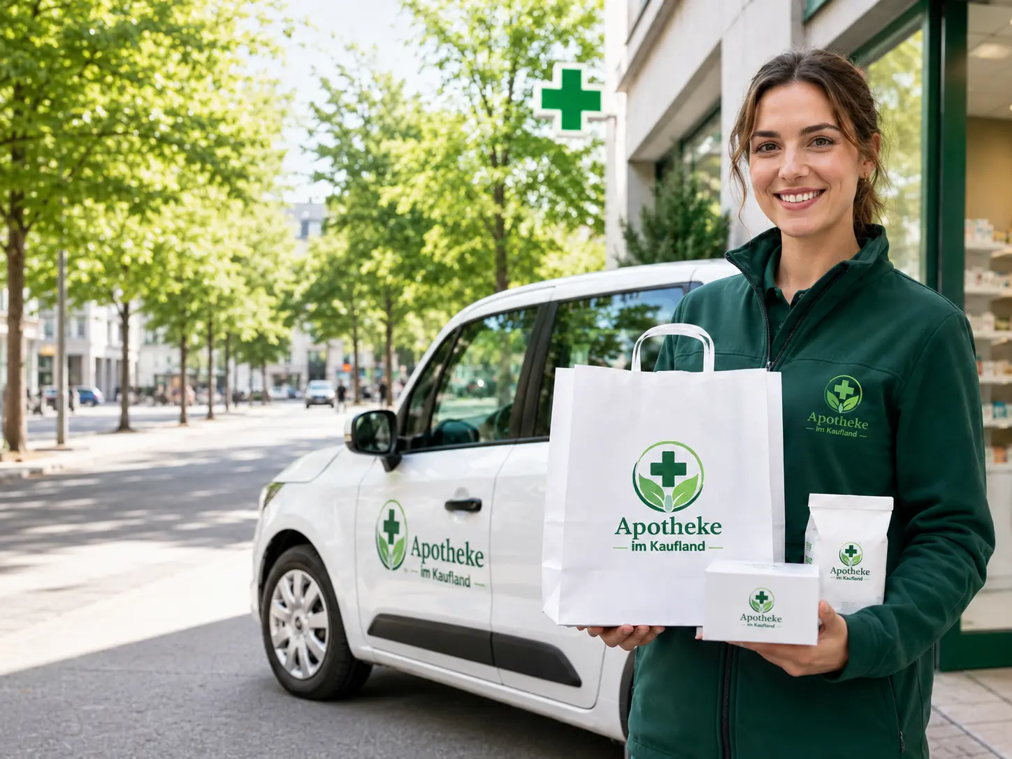 Botendienst der Apotheke im Kaufland mit Liefermitarbeiter, Liefertasche und Fahrzeug